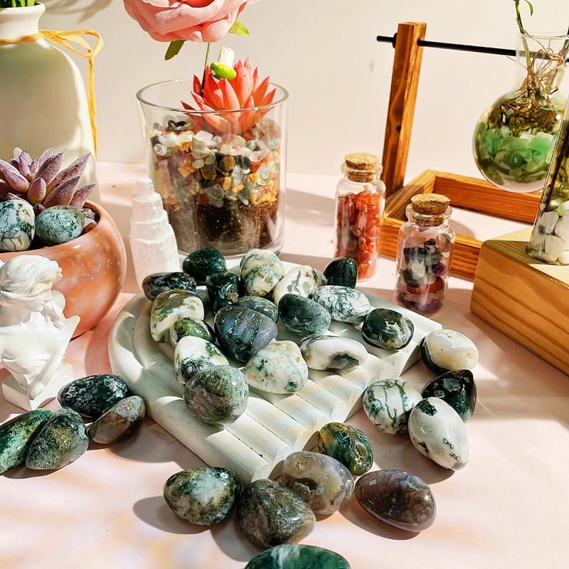 DUQGUHO Moss Agate Crystals Bulk Natural Irregular Polished Stones Tumbled Crystals Gemstone Rocks for Beginners Gift 200g