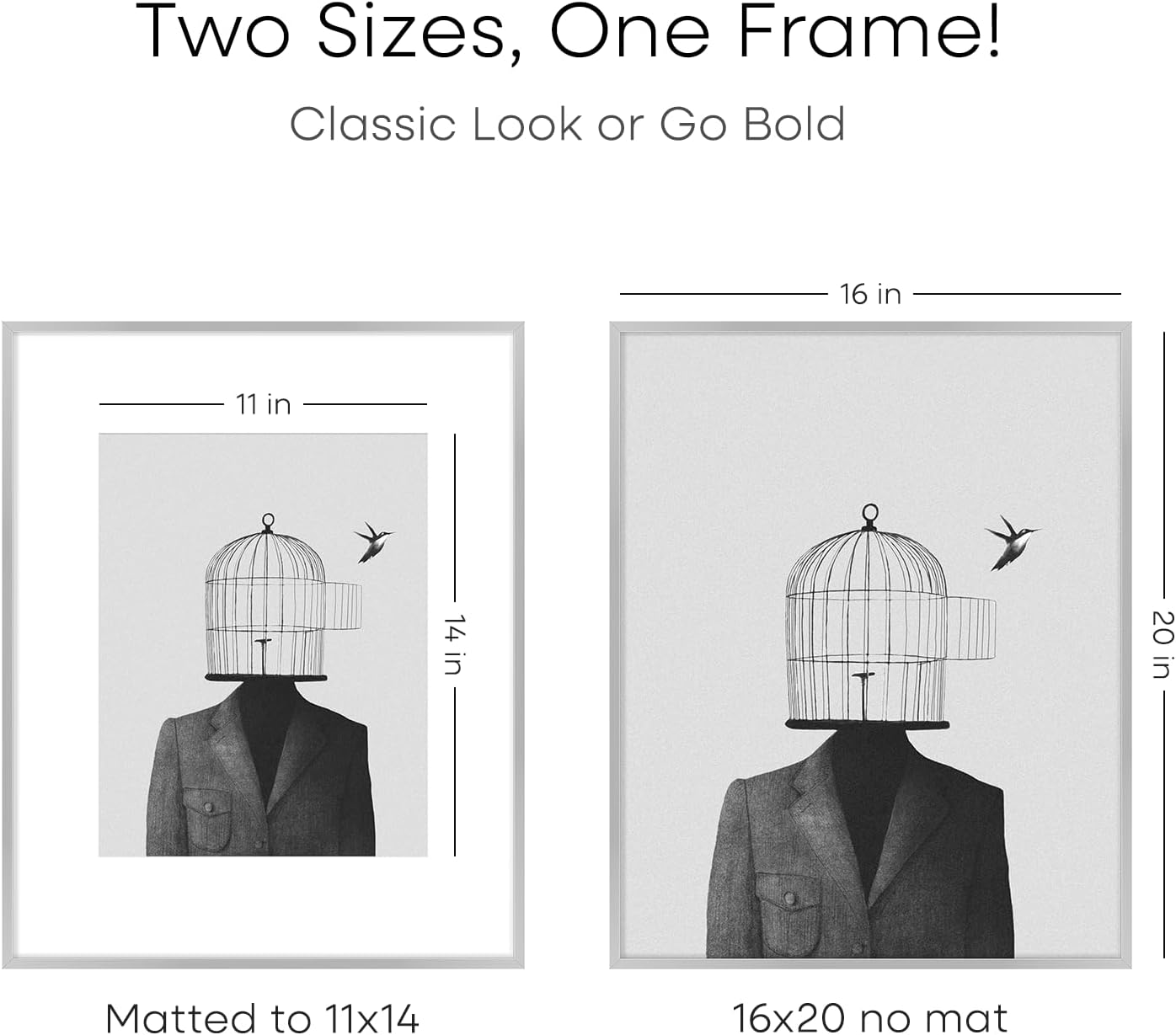 Homeforia 16 x 20 Picture Frame Silver, High End Metal 16 x 20 Frames with Mat 11 by 14 Photo, 16x20 Silver Poster Frame Matted to 11x14 Print, 20x16 Hanging Frames, Tempered Glass, Wall Kit, Set of 2