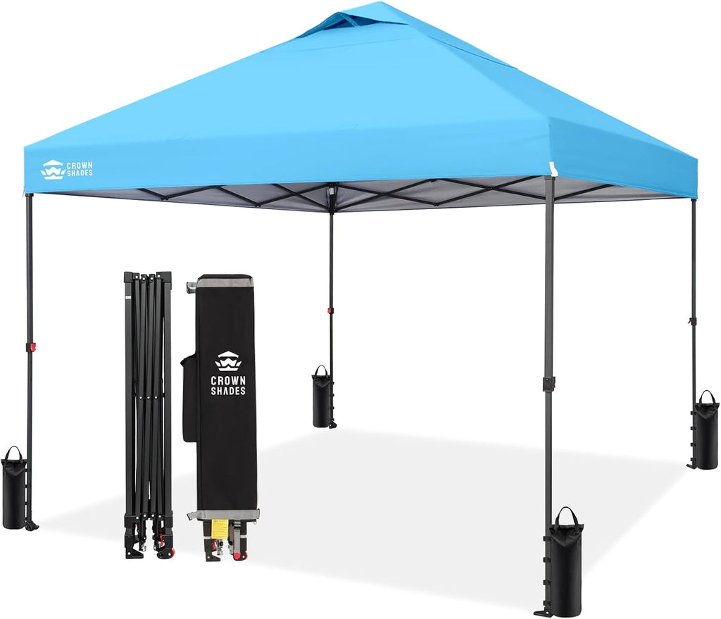 CROWN SHADES 10x10 Pop Up Canopy Tent - Patented Center Lock One Push Instant Outdoor Canopy Beach Tent with STO-N-Go Bag 8 Stakes & 4 Sand Bags，Sky Blue