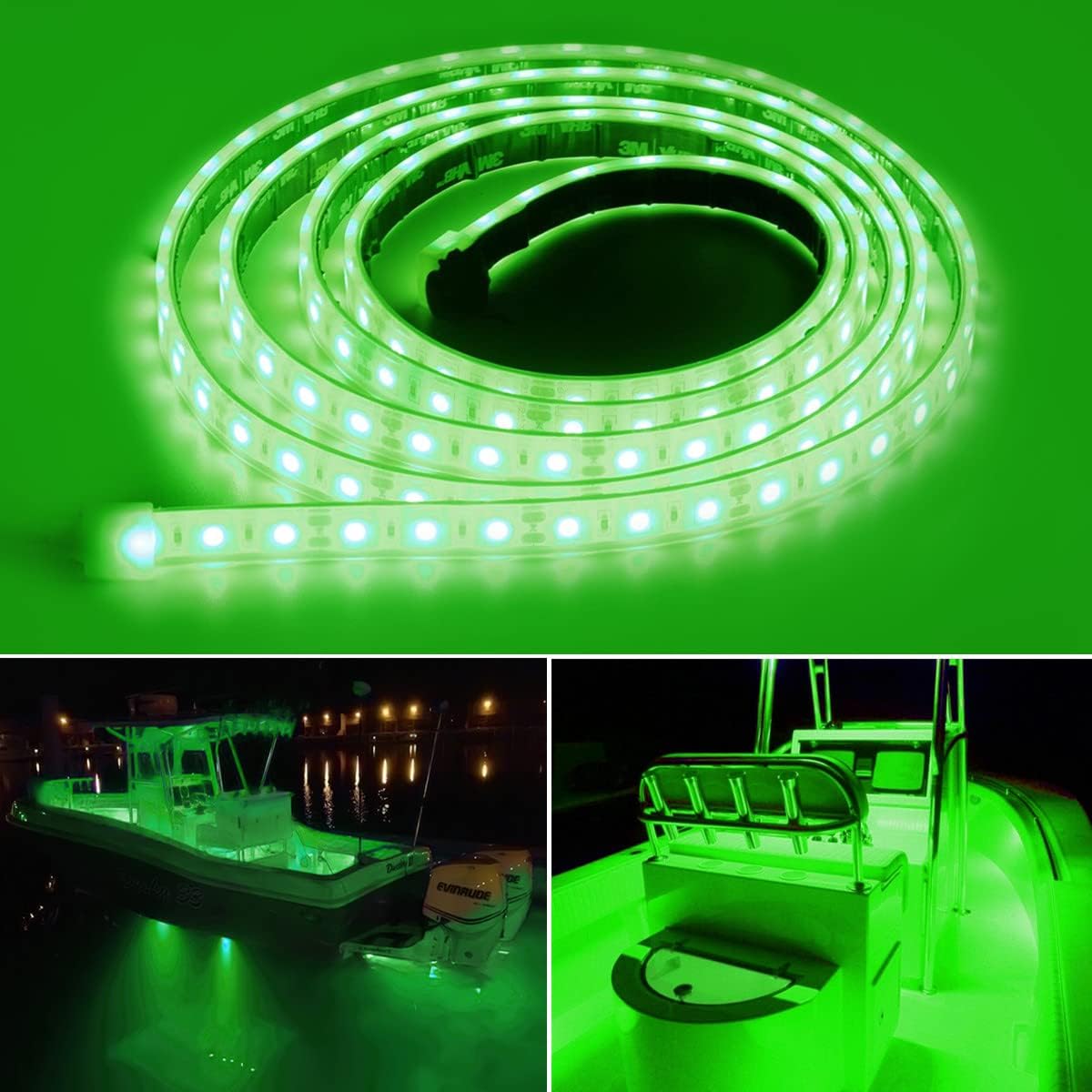 Marine Submersible Boat LED Strip Lights, 12V 8FT IP68 Waterproof Underwater Boat Lights, Boat Interior Light, Boat Deck Light Courtesy Lighting for Night Fishing Pontoon Kayak, Green