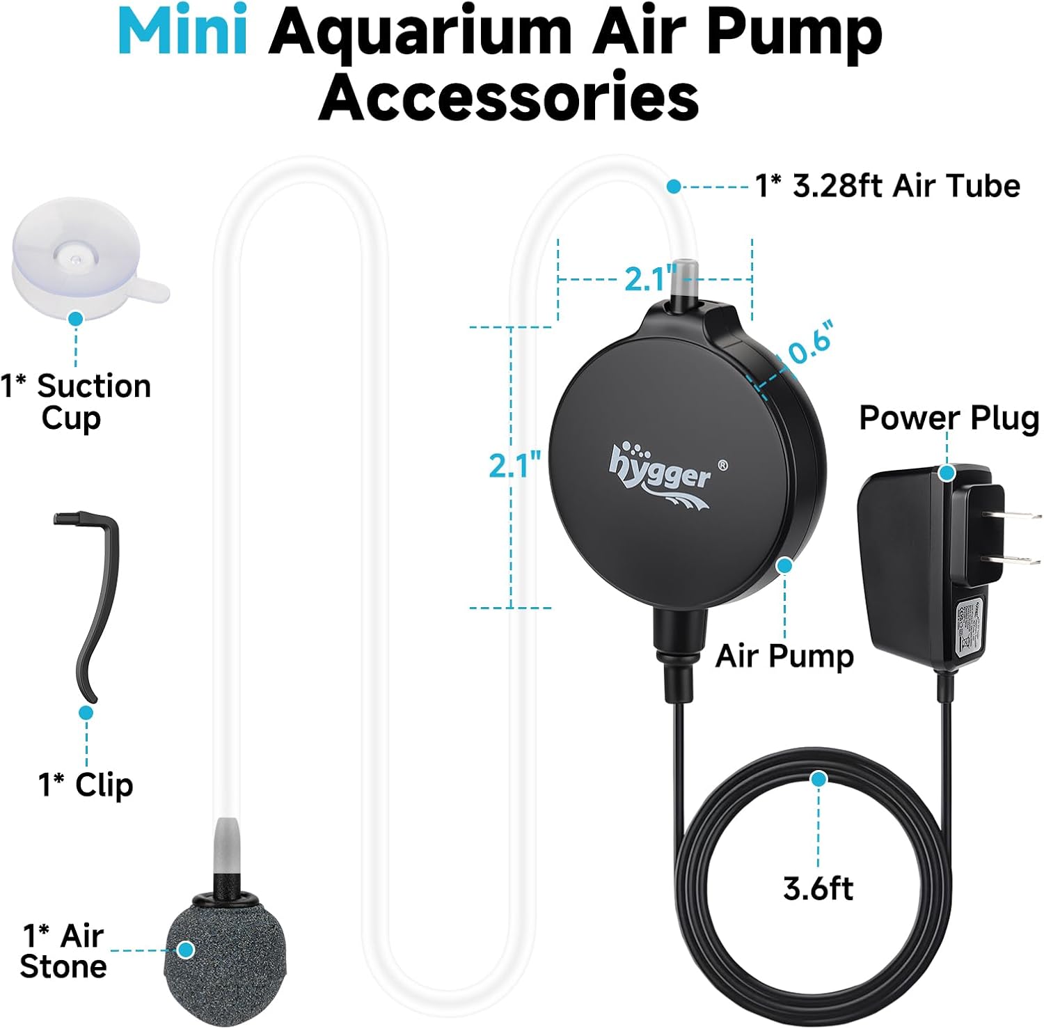 hygger 1.5 Watt Mini Aquarium Air Pump, Quiet Aerator with Air Stone Tubing Suction Cup Clip, Small Fish Tank Bubbler Oxygen Pump for 1 to 15 Gallon Betta Tank, Fish Bowl, Desk Small Tank