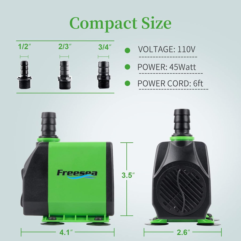 FREESEA Fountain Submersible Water Pump: 800GPH 45W Adjustable Ultra Quiet Aquarium Pump with 3 Nozzles 10ft High Lift for Small Pond | Fish tank | Waterfall | Outdoor | Hydroponics