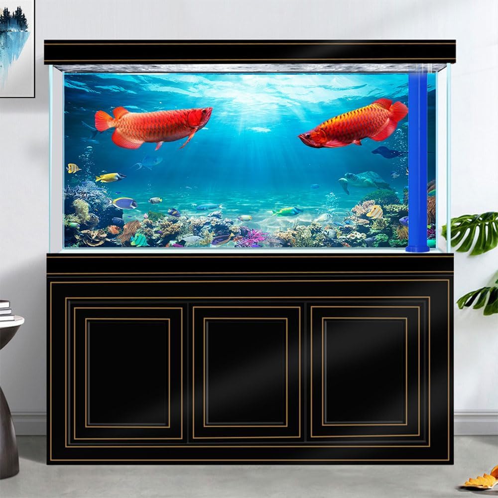 48X18IN Aquarium Under The Sea Coral Reef Scenery Backdrop Terrarium Underwater Marine Organism Fish Tank Background With 10EVA Double-Sided Tape, Blue02