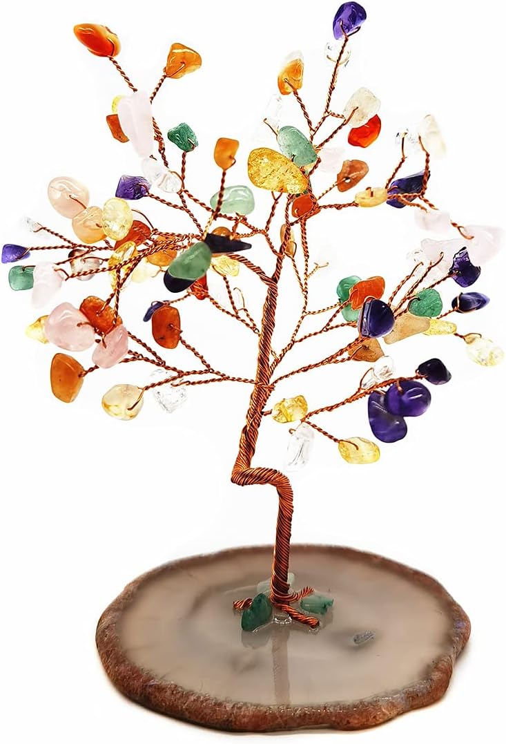 Quartz Crystal Feng Shui Money Tree Natural Agate Flakes Geode Base Bonsai Style Decoration for Luck and Wealth 3.6"- 4.6" (Multicolor)