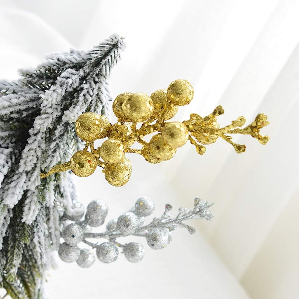 14 Pack Christmas Glitter Berries Stems, 7.8Inch Artificial Christmas Picks for Christmas Tree Ornaments, DIY Xmas Wreath, Crafts, Holiday and Home Decor, Gold