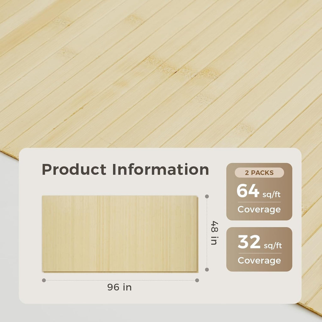 OUZUGIE 2 Pack 96x48 Inch Natural Bamboo Wall Panel – Raw Pole Wrap Paneling for Walls, Ceilings, Cabinets, Furniture – Ideal for Bedroom, Living Room & Office DIY Decor