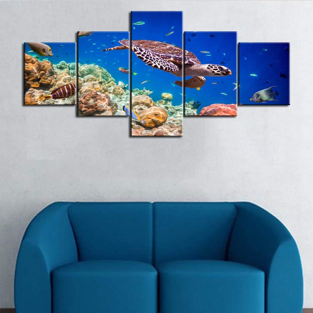 Sea Turtle Art Hawksbill Turtle Pictures Aquatic Sealife Paintings 5 Panel Canvas Wall Art Underwater World Artwork House Decor Living Room Wooden Framed Ready to Hang Poster and Prints(50''Wx24''H)