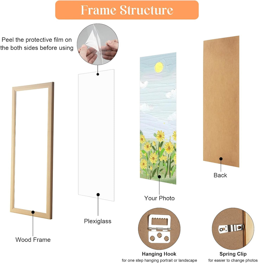 8x24 Wood Frame, Rustic Natural Wooden 24x8in Poster Picture Frame, Modern Beige Woodgrain 8 x 24inch Gallery Wall Photo Frame with HD Plexiglass, Horizontal Vertical Wall Mounting Display 1pcs