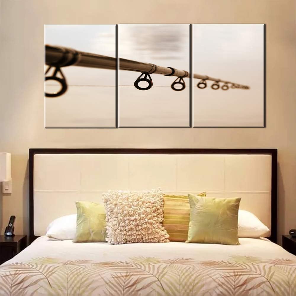 TUMOVO Fishing Rod Picture for Living Room Fishing Tackle Wall Art Angling Artwork 3 Panel Brown Canvas Grunge Paintings Giclee Home Modern Decor Framed Ready to Hang Posters and Prints(48”WX24”H)