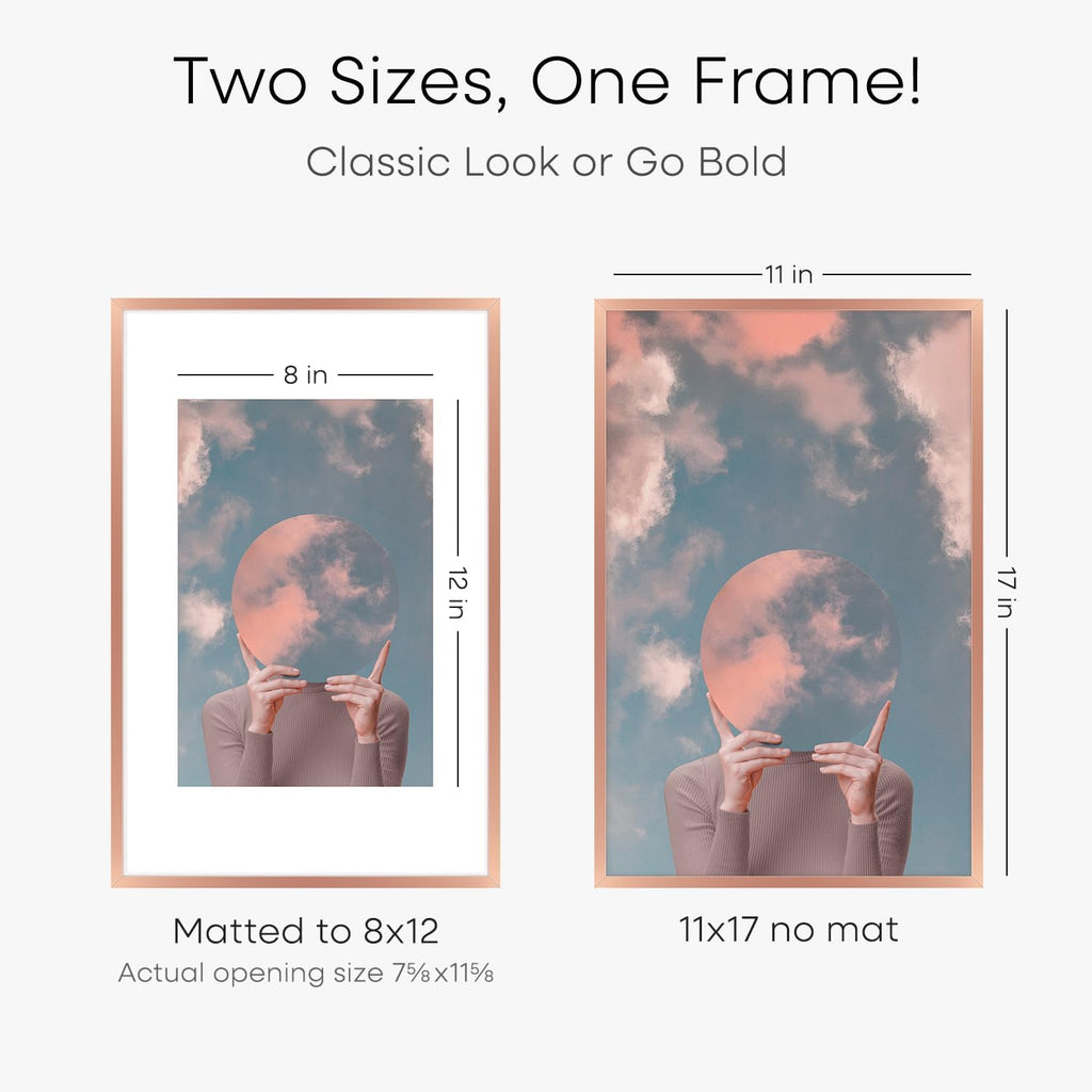 Homeforia 11x17 Picture Frame Rose Gold, High End Metal 11x17 Poster Frames with Mat 8x12 Photo, 11 x 17 Rose Gold Frames Matted to 8 by 12 Print, 17x11 Thin Frames, Tempered Glass, Wall Kit, Set of 1
