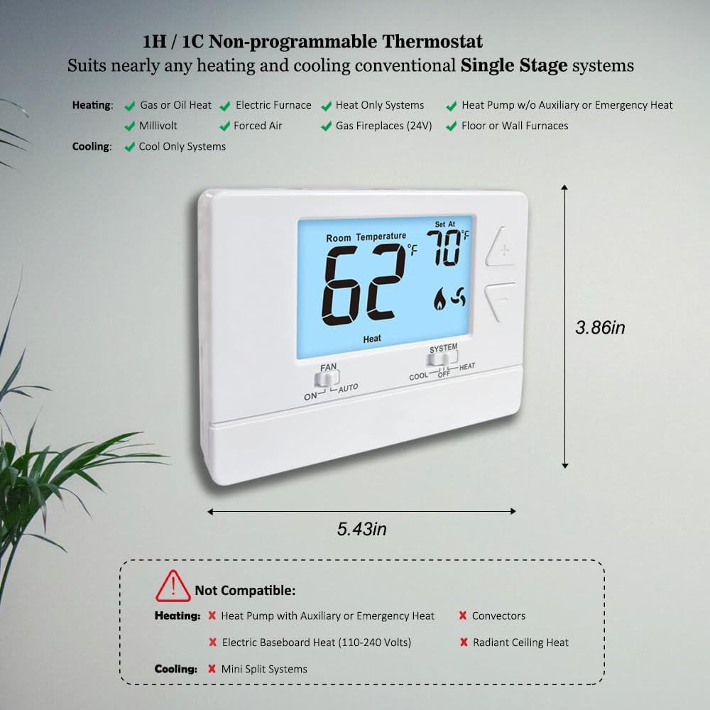 NonProgrammable Thermostat for Home, Digital Energy-Saving Thermostat,Single-Stage Systems, 1 Heat/1 Cool, Easy DIY Install,White Backlight