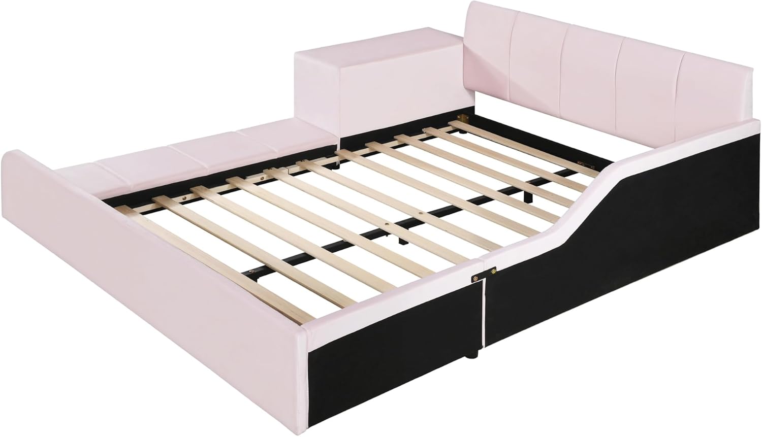 Merax Queen Size Upholstered Plush Velvet Pink Mother and Baby Bed with Large Cushioned Ground Bed, Bedside Table,and Round Stool,Pink