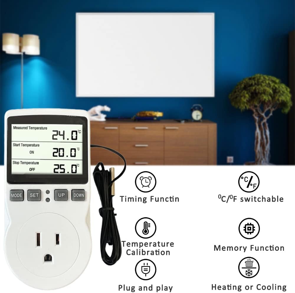 Plug in Thermostat Temperature Controller Electric Digital Thermostat Heating Cooling Mode Timer White