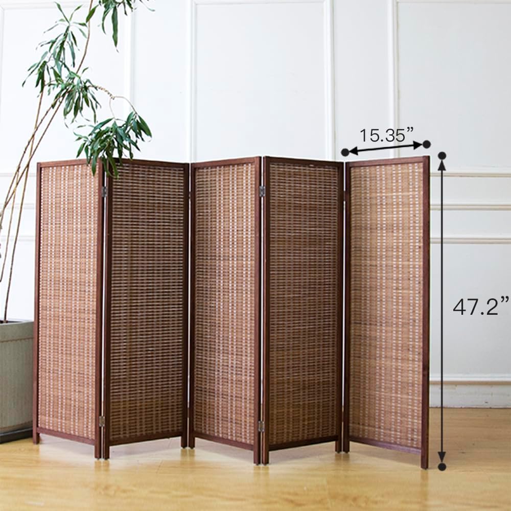 5 Panel Room Divider Short Folding Screen Divider,Double Sided Bamboo Panel Divider for Room Separation,Brown,47.2" H x 76.75" W