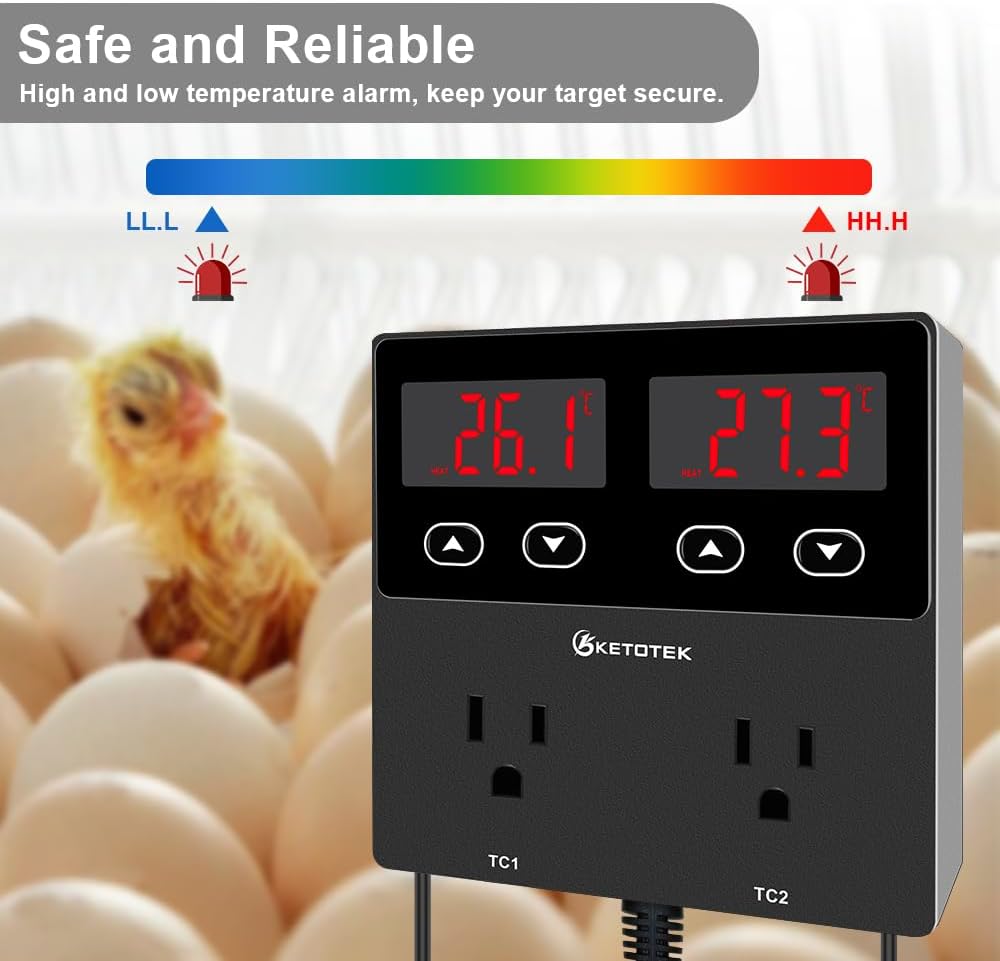 KETOTEK KT99pro Dual Digital Temperature Controller Outlet 10A Relay Heating Coolling Thermostat Controlled Socket with Sensor for Reptile Brewing Fermentation Breeding Incubation Greenhouse