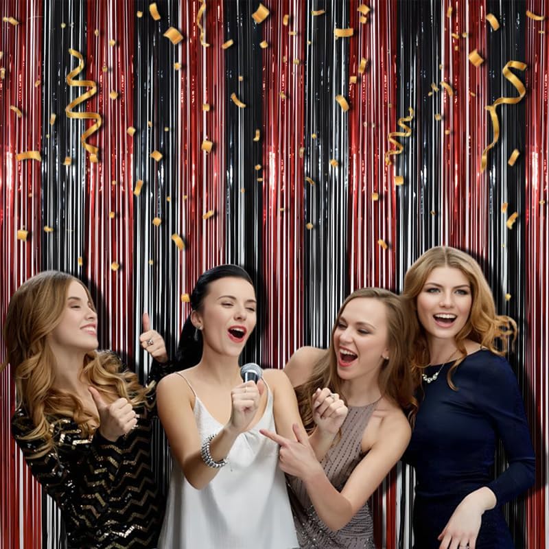 BRAVESHINE Tinsel Photo Backdrop Curtains - 2 Pack 3.2x8.2ft Black Red Foil Fringe Streamer Curtain for Christmas/New Years/Birthdays/Bachelorette/Home/Office/Indoor/Outdoor Party Supplies Decorations