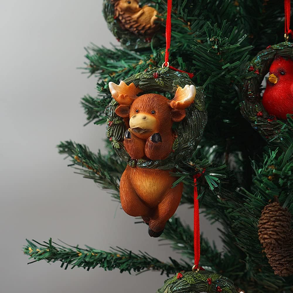 Christmas Small Animal Wreath Swing Ornament Hanging Decor for Xmas Tree Home Office Room Decoration with String (New, Deer)