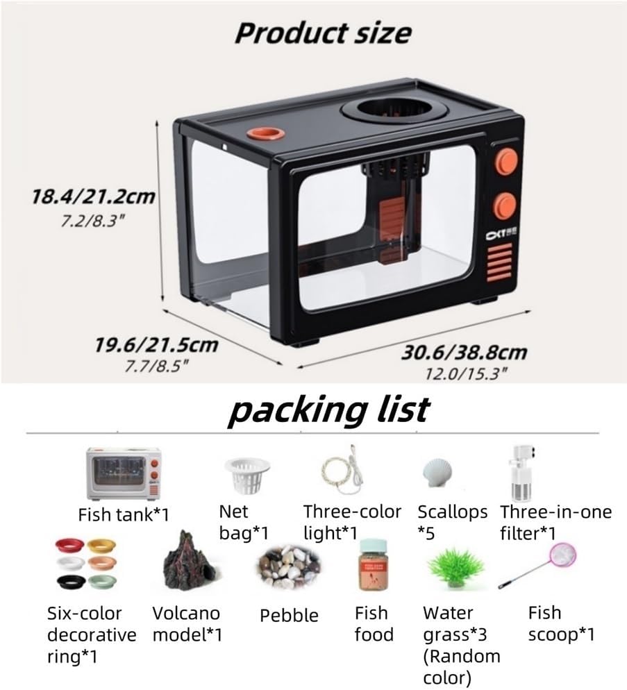 3 Gallon Desktop Aquarium, Retro TV Fish Tank, Fish Tank with Multi-Function Filter, High Transparency Fish Aquarium Made of AS Materials(White,7.2x7.7x12.0in)