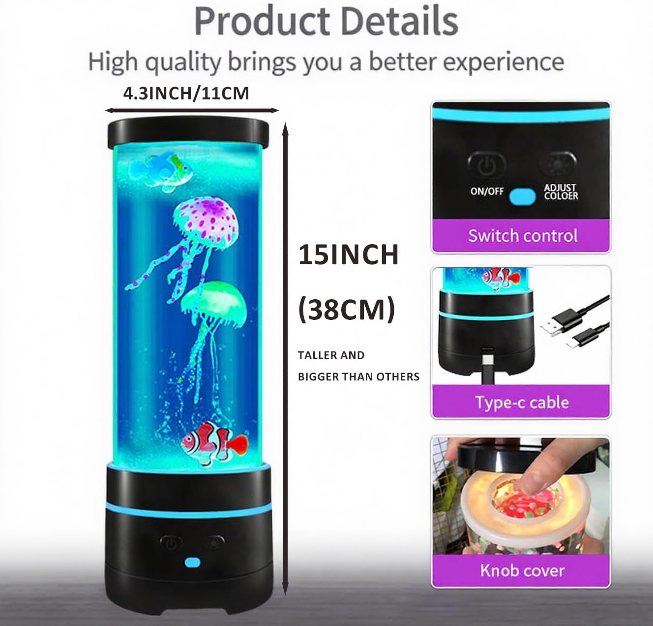15" Jellyfish Light with Bluetooth Speaker,Black Modern Cylindrical Aquarium with 4 Jellyfish (2 Large + 2 Small), 16-Color Remote Control LED Lights,USB Powered,For Home and Office Decoration