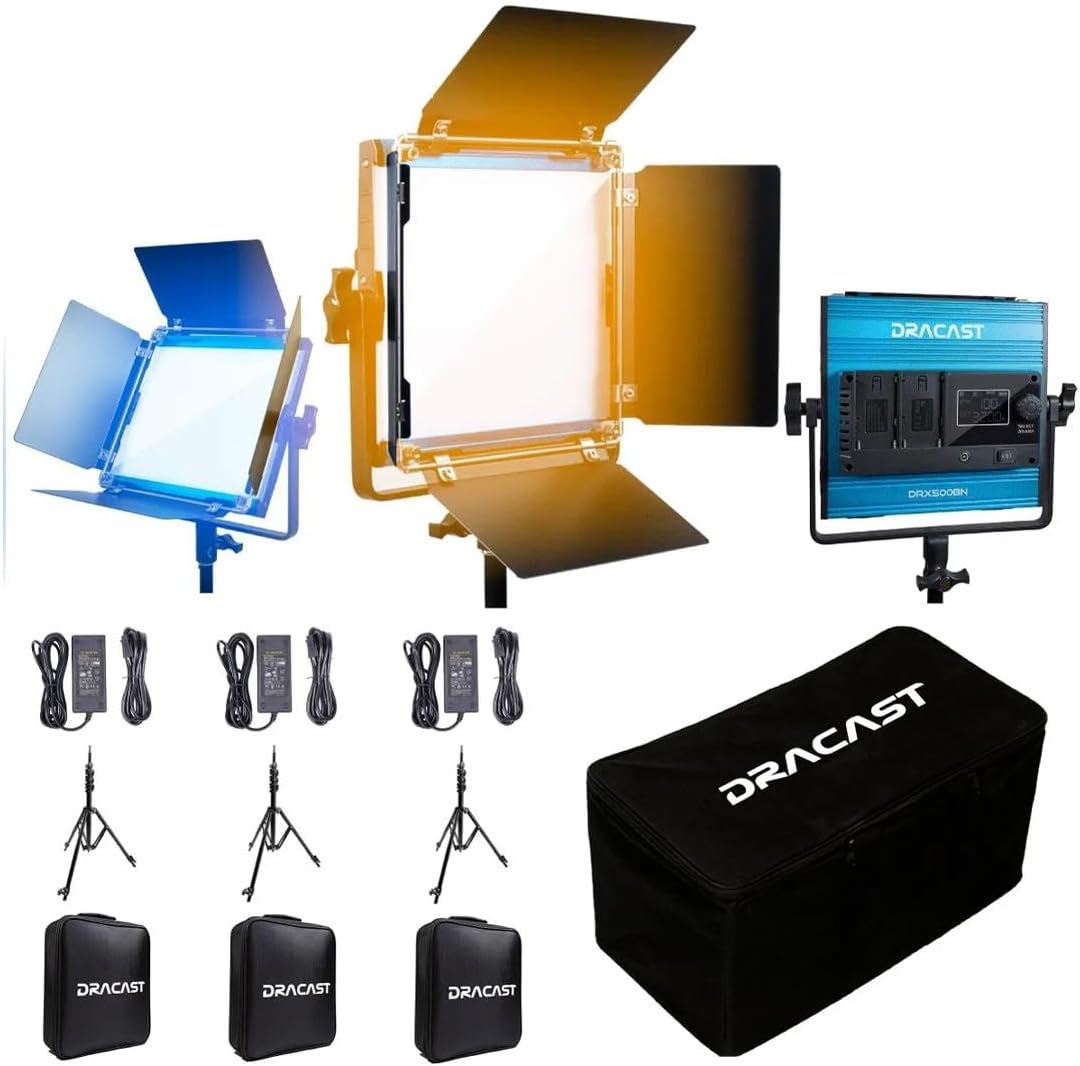 Dracast X Series Bicolor LED500 Kit - 3 Pack Includes Panel Lights, Stands, Barndoors, Travel Case | Bluetooth App Control | 3200K - 5600K LED Video Light Kit | Dimmable Lighting 0-100% | CRI TLCI 96+