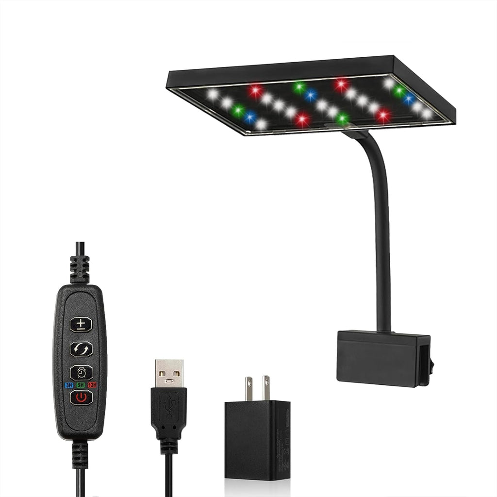 Carefree Fish Aquarium LED Light USB 5V RGBW 5730 Timmer 5~10Gal Fish Tank Clip Light 10 Brightness Levels 8W with USB Port (Include Power Adapter)