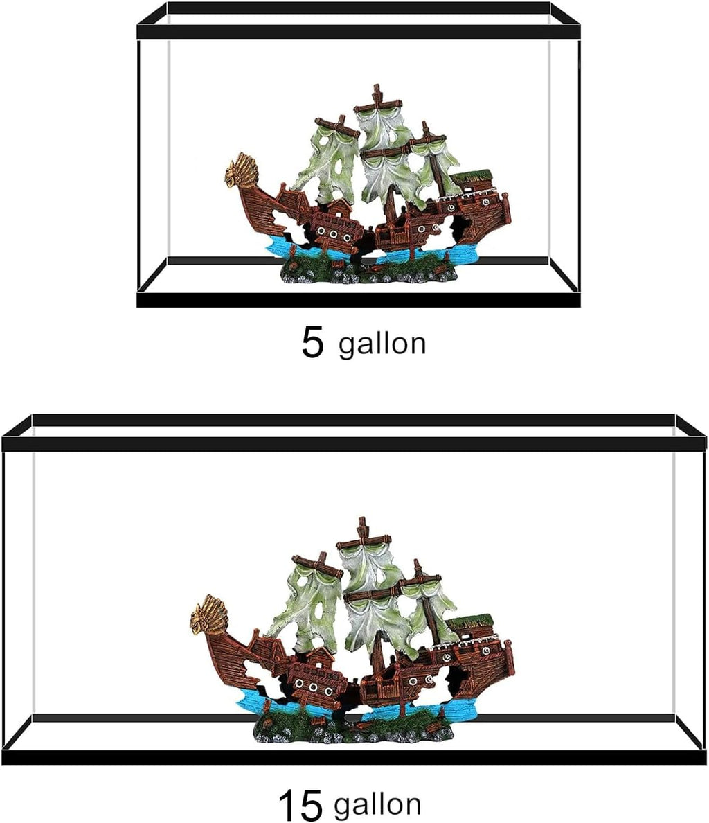 UNEAK - Small Pirate Shipwreck Aquarium Decorations Ornament w/Sail (2 Pieces) 5 Gallons and Larger Fish Tank, Sunken Ship Decoration Ornaments, Decorative Resin Boat for Freshwater Saltwater Decor