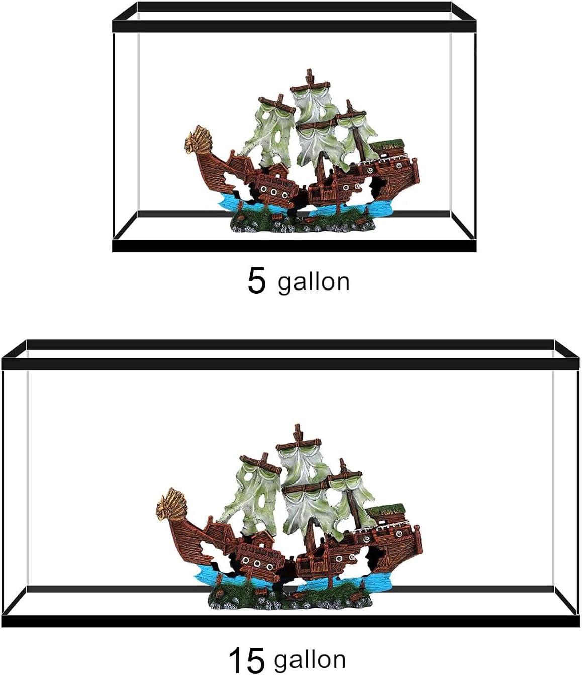 UNEAK - Small Pirate Shipwreck Aquarium Decorations Ornament w/Sail (2 Pieces) 5 Gallons and Larger Fish Tank, Sunken Ship Decoration Ornaments, Decorative Resin Boat for Freshwater Saltwater Decor