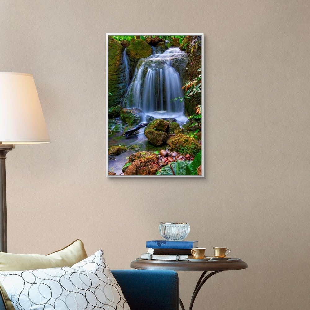 CANVAS ON DEMAND Waterfall in Tropical Rainforest of Fairchild Tropical Gardens, White Float Framed Canvas Wall Art Print, Home Decor, Floral, Flowers, Nature Artwork, 20" x30in