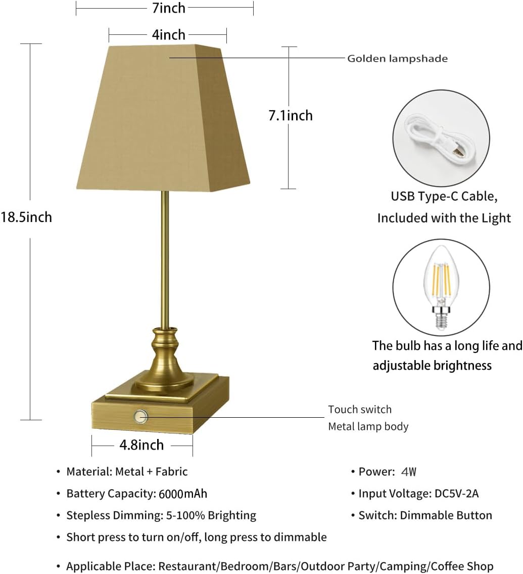 Rechargeable LED Table Lamps with Stepless Touch Control,Golden Cordless Lamp for Living Room&Bedside&Patio&Shower,Small Desk Lamp(6000mAH Battery),2 Pack for Home Decor,Best Gifts for Family