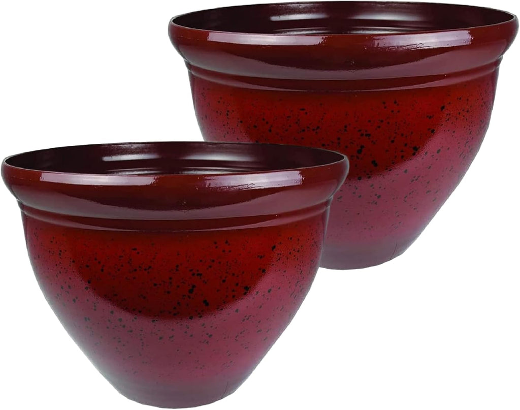 The HC Companies 9 Inch Pizzazz Round Planter Pots with Ceramic Look, Lightweight UV-Resistant Plastic Outdoor Planters, 2-Pack Flower Pots for Garden & Home Decor, Warm Red