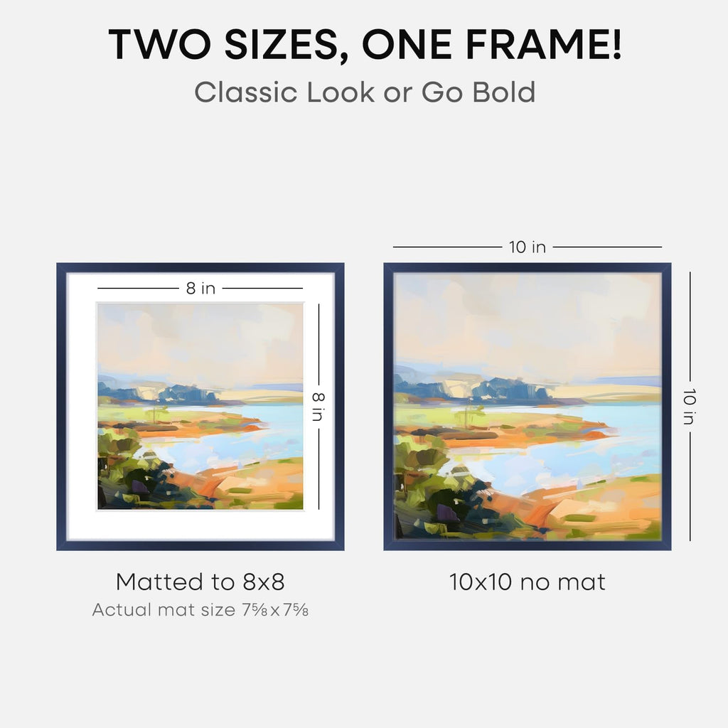 Homeforia 10x10 Picture Frame Navy Blue, High End Metal 10 by 10 Square Frames with Mat 8 x 8 Photo, 10by10 Poster Frame Matted to 8x8 Print, Wall or Tabletop Frame, Tempered Glass, Wall Kit, Set of 2