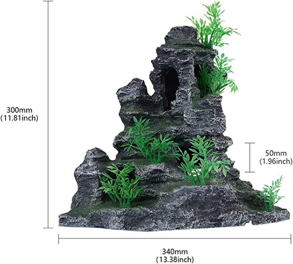 AnRui Aquarium Mountain View Rock Landscaping Decorations Fish Tank Resin Rock Hiding Cave Ornaments with Small Plant
