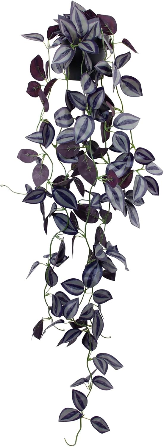 LOYWREE Small Fake Hanging Purple Eyebrow Leaf Plant Artificial Potted Plants Indoor 39-in Long Faux Dark Black Vine Plant with Pot for Shelf Home Office and Outdoor Garden Decor (Black Pot)