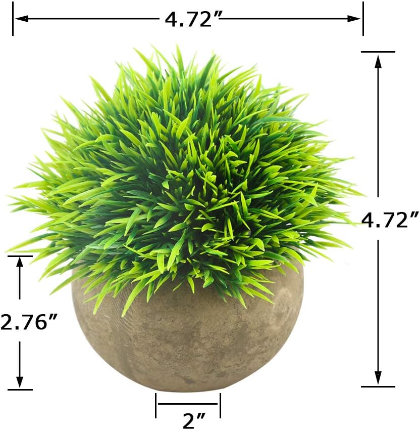 Mini Artificial Plants, Plastic Fake Green Grass Faux Greenery Topiary Shrubs with Grey Pots for Bathroom Home Office Décor, House Decorations (2)