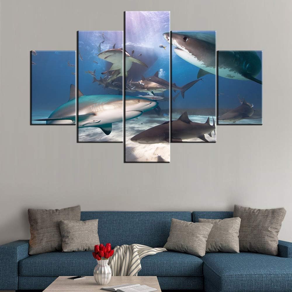 Artwork for Home Walls Shark Fish Pictures Undersea Paintings Multi Panels Printed on Canvas Sunlight Wall Art for Living Room Home Modern Decor Gallery-Wrapped Framed Ready to Hang(60''WX40''H)