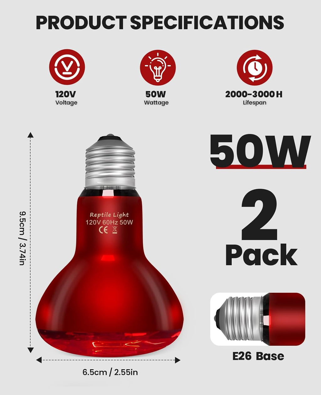 KINDEEP Infrared Heat Lamp Bulbs: 50W Reptile Heat Light 2 Pack - Red Basking Spot Light Bulbs Reptile Heating lamp for Lizard Bearded Dragon Turtle Snake Leopard Gecko Tortoise Chickens