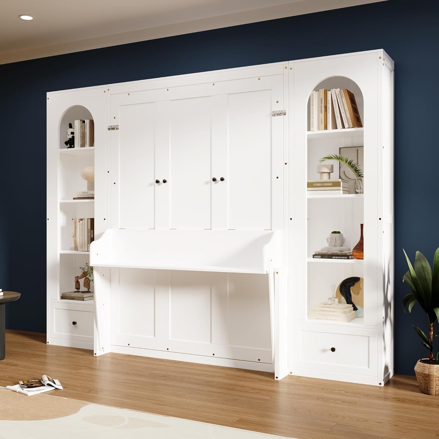 MERITLINE Queen Murphy Bed with Desk and Storage & LED Light, Solid Wood Hideaway Murphy Wall Bed with Storage Bookcase Shelves and Drawers for Adults (White,Queen)