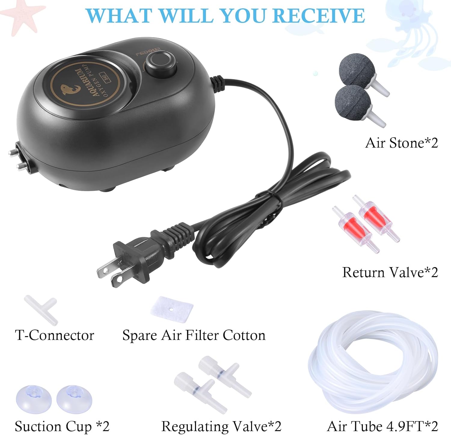 FEDOUR 2.5W 4W 6W Aquarium Air Pump, Powerful Adjustable Fish Tank Oxygen Pump for up to 300Gallon Fish and Turtle Tank, Quiet Aquarium Air Bubbler (4W for up to 150gallon)