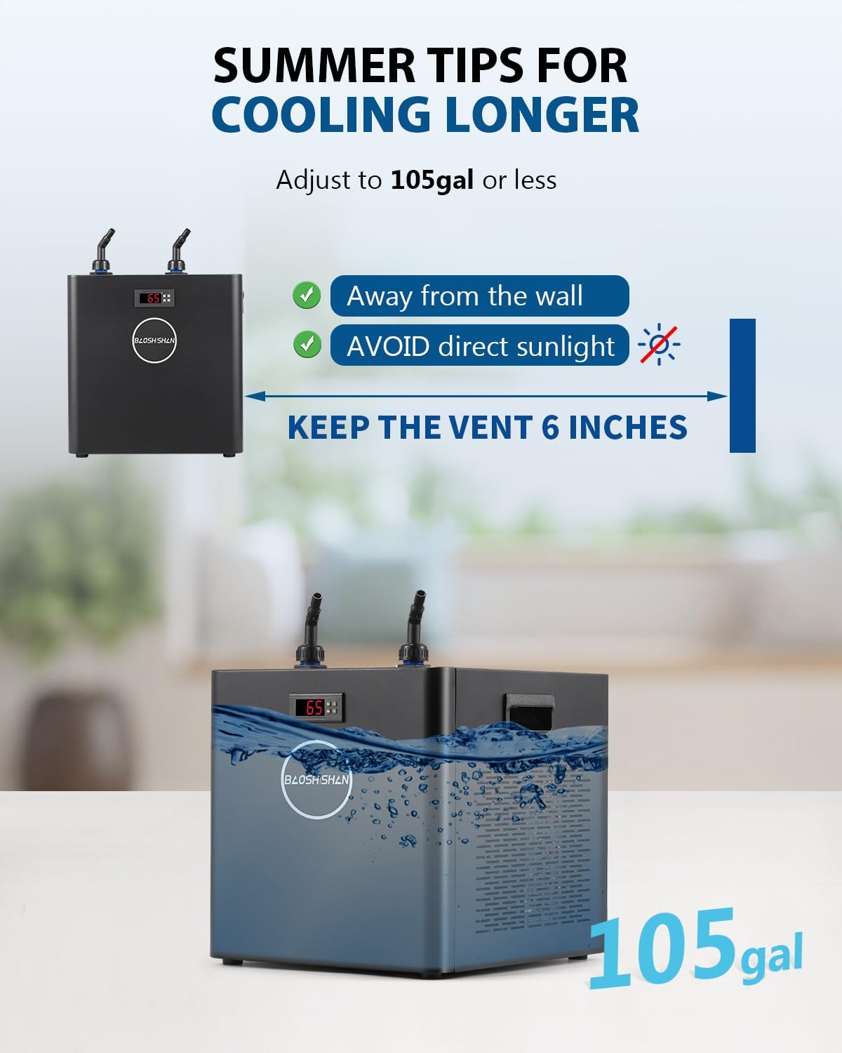 BAOSHISHAN Aquarium Chiller 132gal, 1/2HP Water Cooler, Quiet Design Refrigeration Compressor for Hydroponics, Axolotl, Coral Reef, Fresh & Salt Fish Tank (132gal/500L)