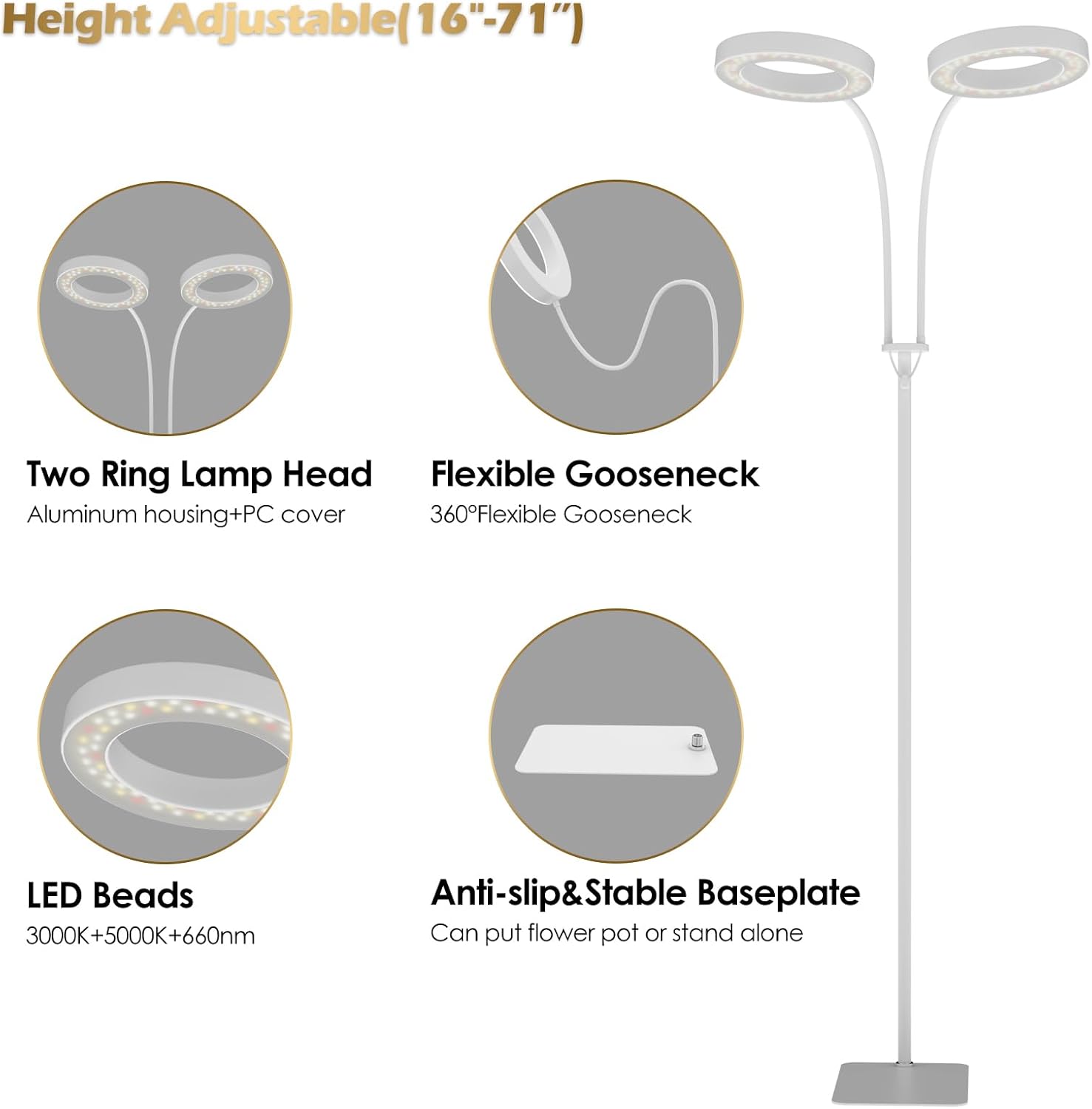 GLOWRIUM Grow Lights for Indoor Plants, Full Spectrum LED Grow Light Floor Lamp with Stand Adjustable Height and Angle, Black Plant Light with 3/9/12H Grow Light Timer (White, 36W)
