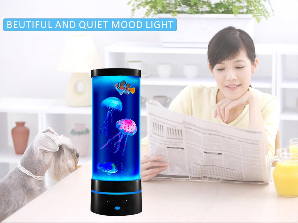 14" Black Minimalist Cylinder Jellyfish Lamp with Remote Control,with 3 Jellyfish (2 Large + 1 Small),16 Color Changes,with Stylish Blue Base Light,USB Powered,for Bedroom and Office Decoration