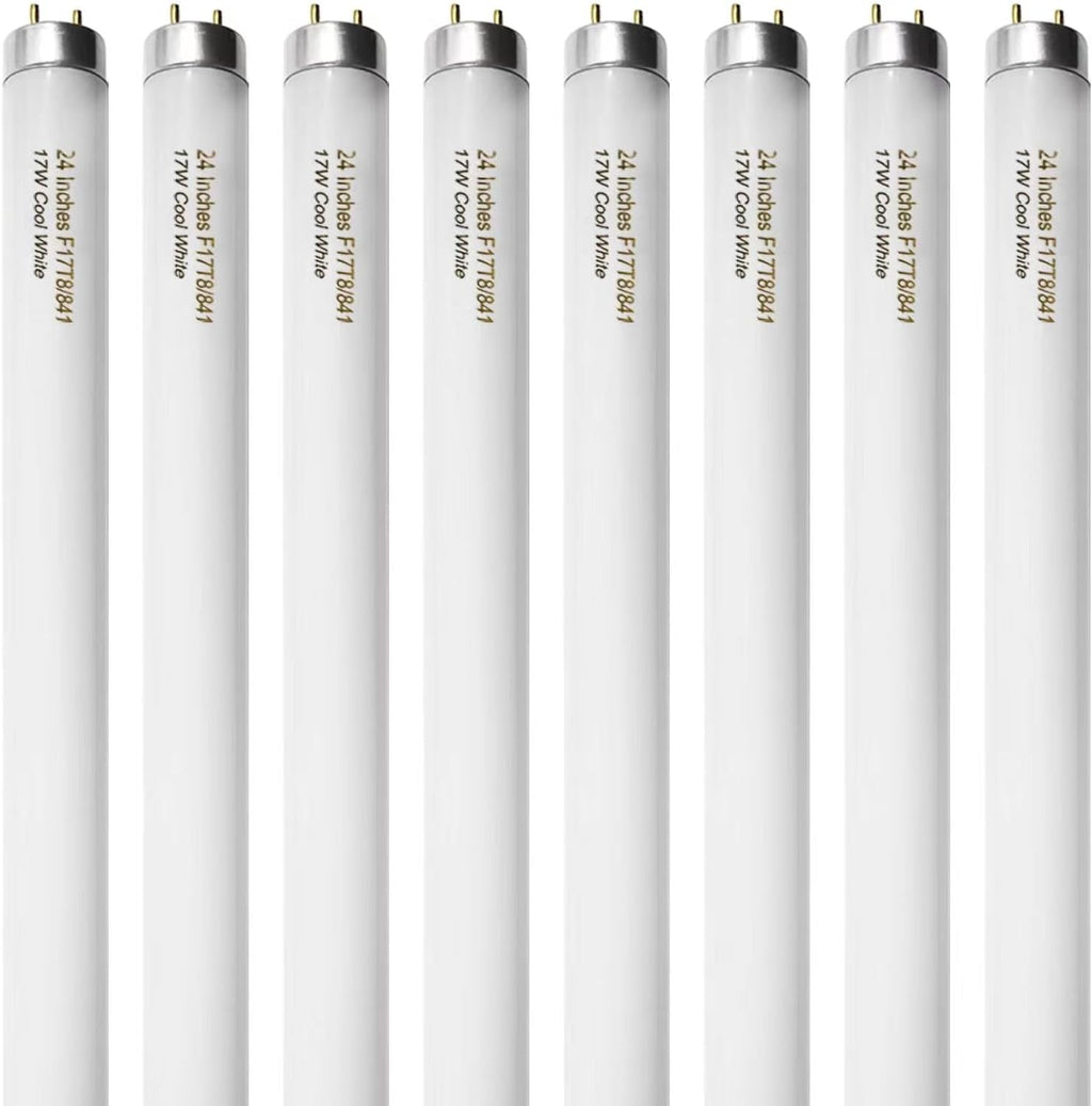 8 Pack 24 inch F17T8/841 17 Watts Light Bulb, 2 Foot Straight Fluorescent Tube T8 Tube Light, 4100K Cool White 1400 Lumen G13 Medium Bi-Pin Cap 8 Count