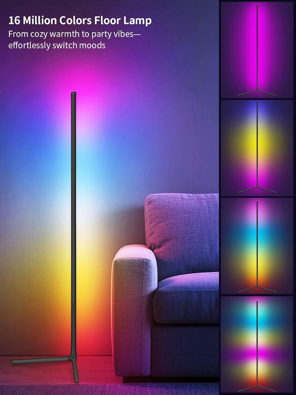LED Corner Floor Lamp, 68+ Scenes, 16 Million Colors Corner Light with App & Remote Control, Smart RGB Ambient Lighting with Music Sync, Mood Lighting for Bedroom, Living Room Gaming Room