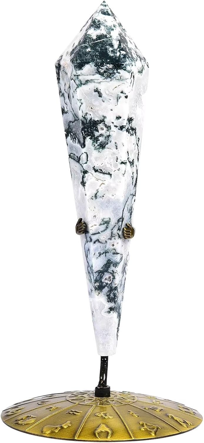 Moss Agate Wand Point Long Healing Crystal Scepter Decorative Stone Reiki Meditation with Display Stand Home Office Decor 0.6-0.8LBS
