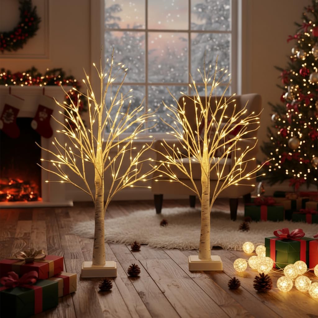 Lighted Trees for Indoor Decor, 24”2FT White Birch Tree with 144 LED Lights, Lighted up Tree Lamp USB/Battery Powered Timer, Artificial Trees for Table Home Christmas Decor (2)
