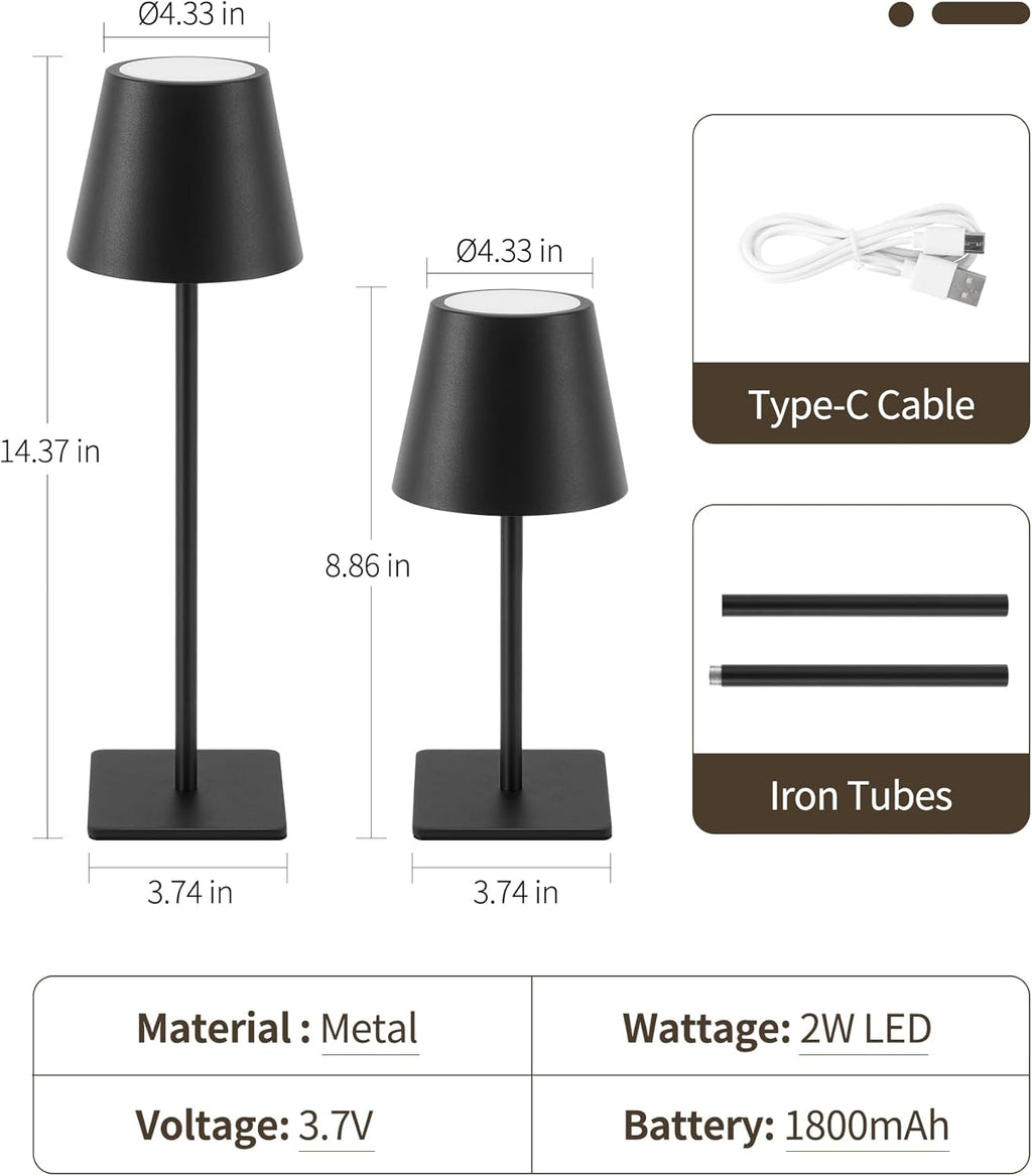 UME Cordless Table Lamp, Battery Operated Lamp - Portable Waterproof Rechargeable Table Lamp w/ 3 Color Temps & Stepless Dimming for Dinner, Desk, Cafe, Outdoor (Black)