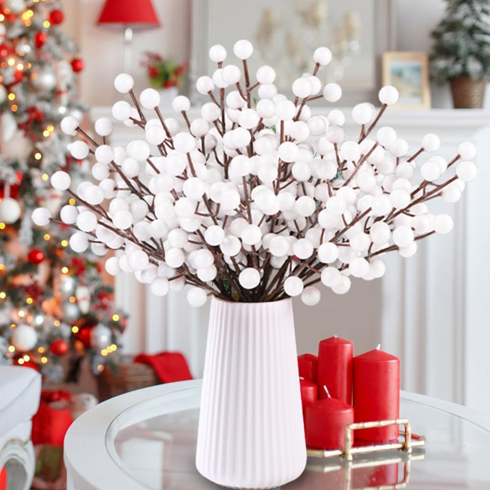 32 Pack Artificial White Berry Stems, Christmas White Berries Picks Holly Berry Branches for Christmas Tree Ornaments Xmas Wreath DIY Crafts Winter Holiday Home Decoration