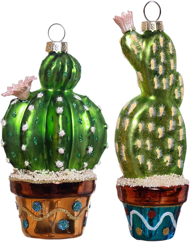 Set of 2 Hand Blown Glass Cactus Ornaments for Christmas Tree, Hanging Glass Cactus Ornament