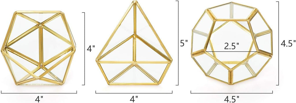 Mkono 4 Inches Mini Glass Geometric Terrarium Container Set of 3 Modern Tabletop Planter Shelves Decor Display Centerpiece for Succulent Miniature Fairy Garden Air Plant, Gold (Plant Not Included)
