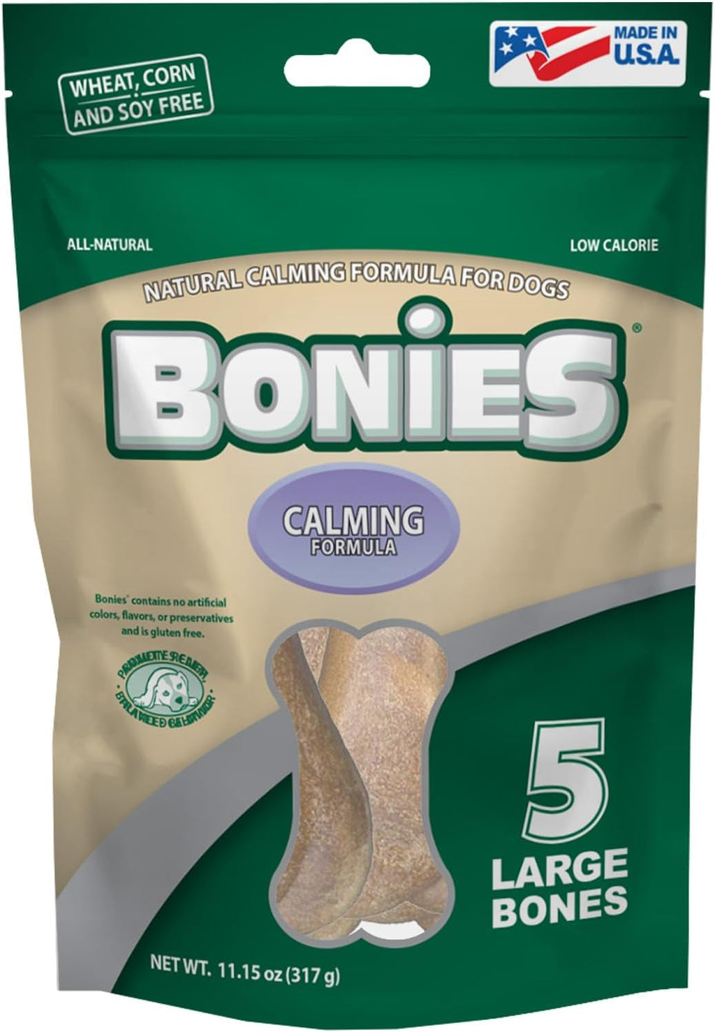 Green Pet Organics BONIES Natural Calming Formula Dog Treats - Contains Chamomile & Lavender, Help Anxiety, Excessive Barking & Trembling, Chicken Flavor, Large, 5 Bones